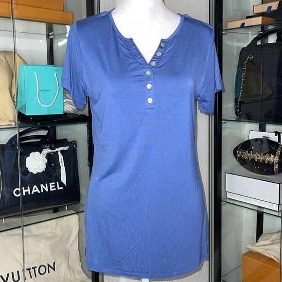 MISFAY Short Sleeve Henley Shirt in Blue - Picture 5 of 6
